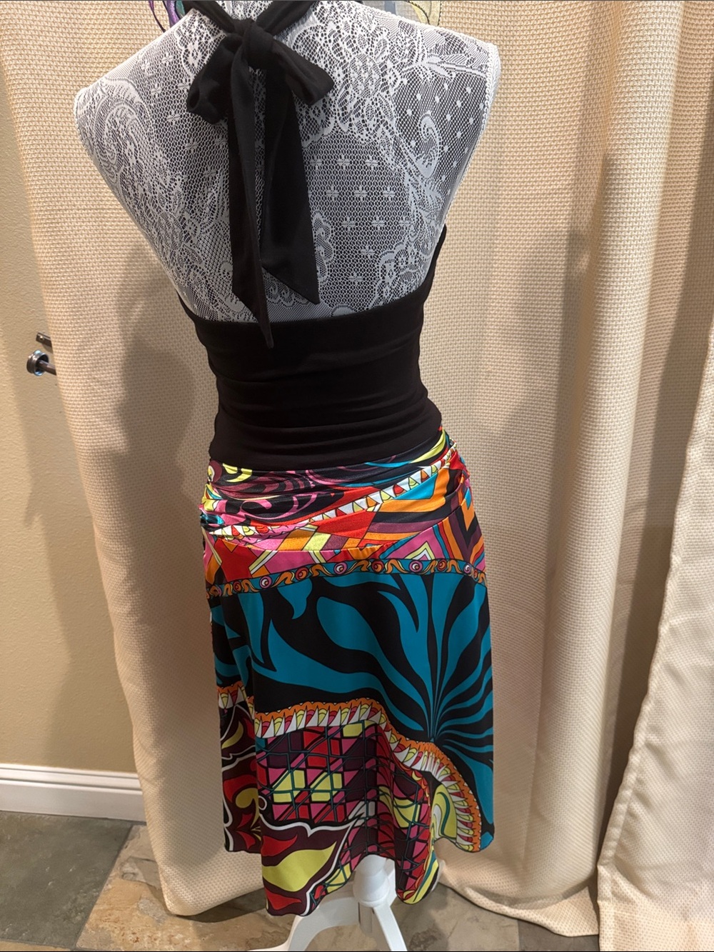 Cache Black Halter Top with Multicolor Abstract Wrap Skirt - Picture 4 of 12